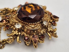 Vintage Florenza Signed Brooch Amber Topaz Rhinestone Gold Tone Chains 3.25″ Lg