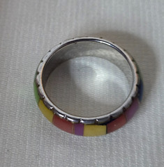 Multi-color Mosaic Inlaid Band Ring -Size 7 Silver Tone Colorful Stacker Unisex