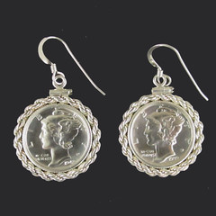 Vintage Mercury Dime Earrings 90% Silver Coins Rope Sterling Silver Bezels Hooks