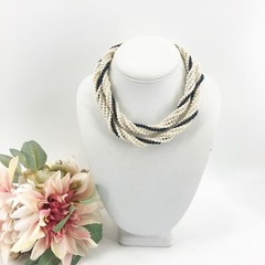 Vintage Multi Strand Faux Pearl Beaded white & Black Long Necklace 32” Estate
