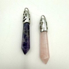 Vintage Silver Tone Amethyst Rose Quartz Crystal Pendant Lot – 2pc