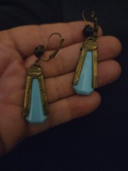 Vintage Sweet Romance Egyptian Revival Blue Goddess Glass Drop Earrings Eye…