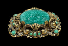 VTG W. Germany Ornate Peking Glass Filigree Shell motifs Brooch C-clasp Art Deco