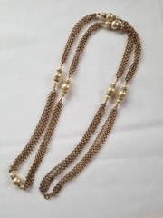 Vintage 54″ Multi Chain Necklace Faux Champagne Pearls Rhinestones Germany