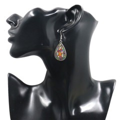Bohemia Earrings Long Dangle Stone Enamel Drop Vintage Antique Silver Hook E11