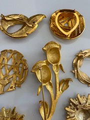 Lot of Seven Vintage Goldtone Pins + One Clip – All in Excellent Condition