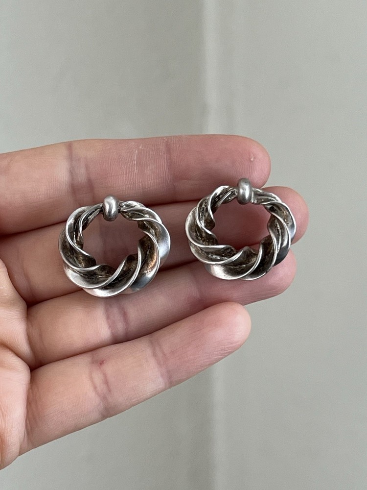 Vintage 925 Sterling Silver Twisted Door Knocker Style Hoop Earrings No Stone