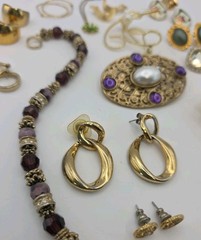 Vintage Gold Tone Costume Jewelry Lot Mixed Materials Wearable Hoops Enamel…