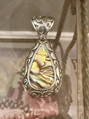 Vintage Scroll Design Silver Tone Faux Abalone Teardrop Pendant 1 3/4”