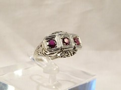Antique Art Deco Filigree 14 K White Gold 3 Stone Ruby Sz 6 Cocktail Ring