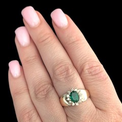 Vintage Oval Cut Emerald Diamonds 14k Yellow Gold Halo Ring Estate Jewelry Gift