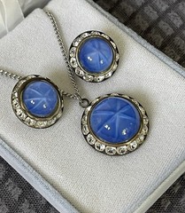 Vtg Faux Blue Star Sapphire & Rhinestone Pendant Necklace & Clip On Earring Set