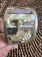 Vintage Mexico Alpaca Silver Abalone Mother of Pearl Floral Inlay Cuff Bracelet