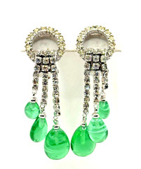 Vintage Signed Ciner Flawed Emerald Rhinestone Dangle Earrings One Dark Stone 2″