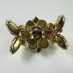 Vtg Lime Green Moonglow Cabochon Rhinestone Brooch Atomic MCM Gold Tone