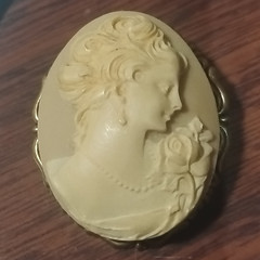 Oval Cameo Portrait Brooch Pin, Gold Tone Frame, Ivory & Gold Colors
