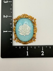 Vintage West Germany Blue Rose Cameo Brooch Earrings Set Clip On Gold Tone