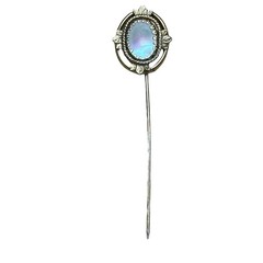 Antique Gold Tone Stick Hat Pin Abalone Iridescent Oval Stone & Leaf Design 3″