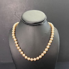 Vintage Champagne Faux Pearl Strand Necklace Gold Tone Rhinestone Filigree Clasp