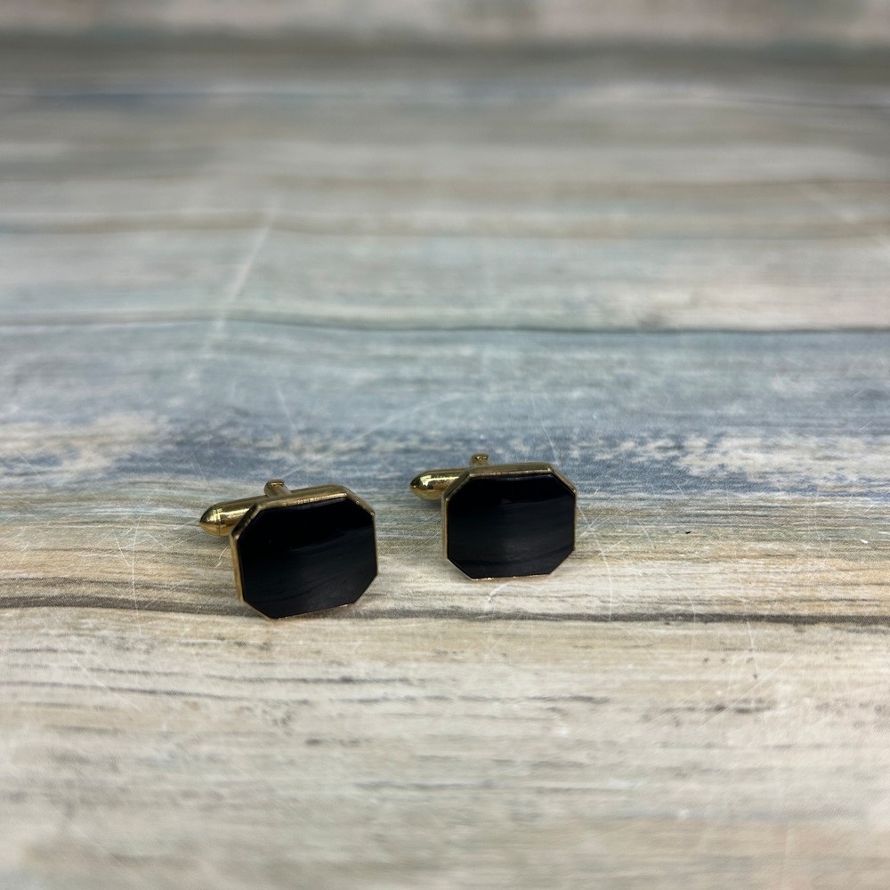 Swank Vintage Cuff Links Black Gold Tone Groom or Groomsman Cuff Links