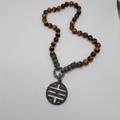Tigers Eye Marcasite Convertible Bead Necklace Vintage Asian Inspired Charm Boho