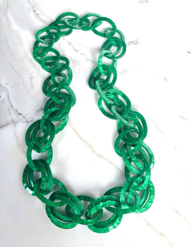 RESIN LUCITE EMERALD GREEN 36 in DOUBLE LINK CHAIN CHUNKY NECKLACE SAUTOIR NEW