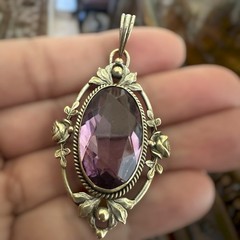 Antique Art Nouveau Pendant 2 Inch Roses Purple Faceted Mn Glass Glows Gold Fill