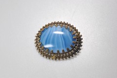 Vintage Filigree Bright Blue Slag Art Glass Brooch Pin oval bezel ML11