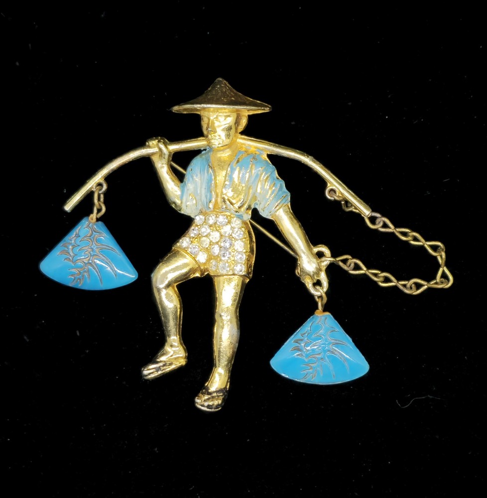 Vtg Asian Man Carrying Pole Water Waterboy Molded Blue Glass Stone Brooch Pin