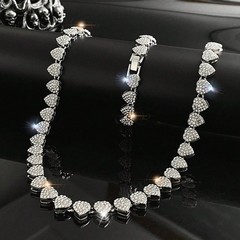 Diamond Tennis Heart Chain & Necklace & Bracelet Cuban Link Jewelry Set f/Women