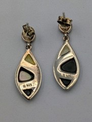 Vtg Sterling Silver Onyx Rainbow & White MOP Marquise Shape Dangle 925 Earrings