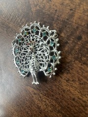 Vintage Peacock Pendant Filigree Rhinestone Statement Silver Tone Large No Chain