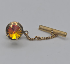 1950-1960s Imported Stone Aurora Borealis AB Rhinestone Gold Tone Tie Tack Boxed