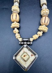 Vintage Tibetan-Style Hand-Carved Bone & Tribal Silver Pendant 21″