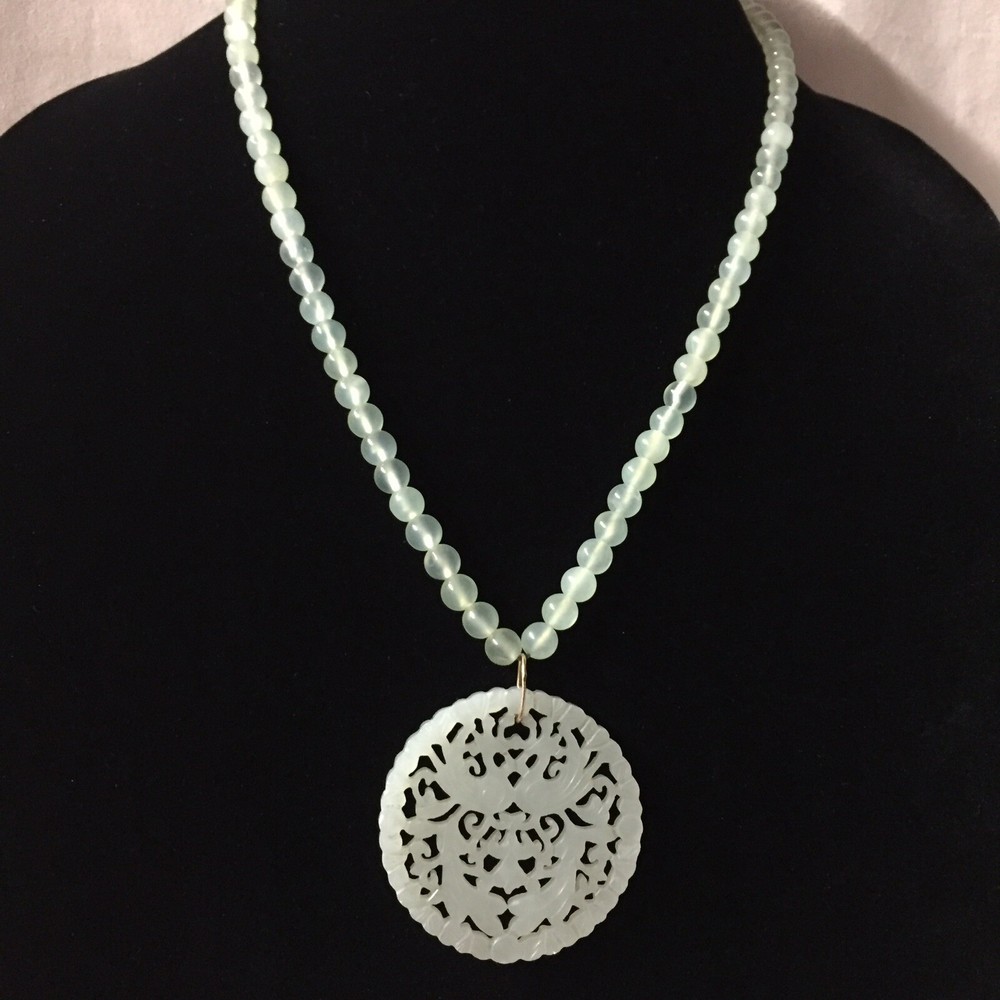 Vintage Green Prehnite Carved Pendant Beaded Necklace 20”