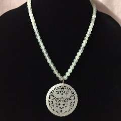 Vintage Green Prehnite Carved Pendant Beaded Necklace 20”