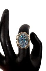 Vintage DI 925 Sterling Silver BLUE DRUZY Quartz Oval Gemstone Women Ring 6.5