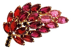 Juliana Pink & Red Marquise Shape Rhinestone Leaf Brooch Clip Earrings Set