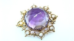 🌟Large Antique 8K Gold Amethyst w Pearls Pin & Faceted Dome-Shaped Stone