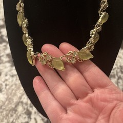VTG Lisner Necklace & Earrings Clip-On Frosted Glass Rhinestone Leaf