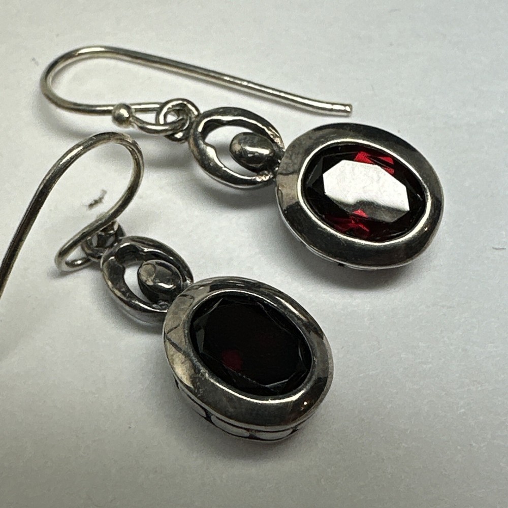 LUC 925 Garnet Bezel Set Earrings Sterling Dangle Drop Vintage 24mm Long