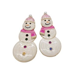 Christmas Earrings Snowman Pierced Dangle Enamel Multicolored Pink 2.25 in