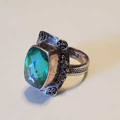 Vtg Sterling Silver & Caribbean Blue Green Quartz Ring Ornate Artisan Boho Sz 9