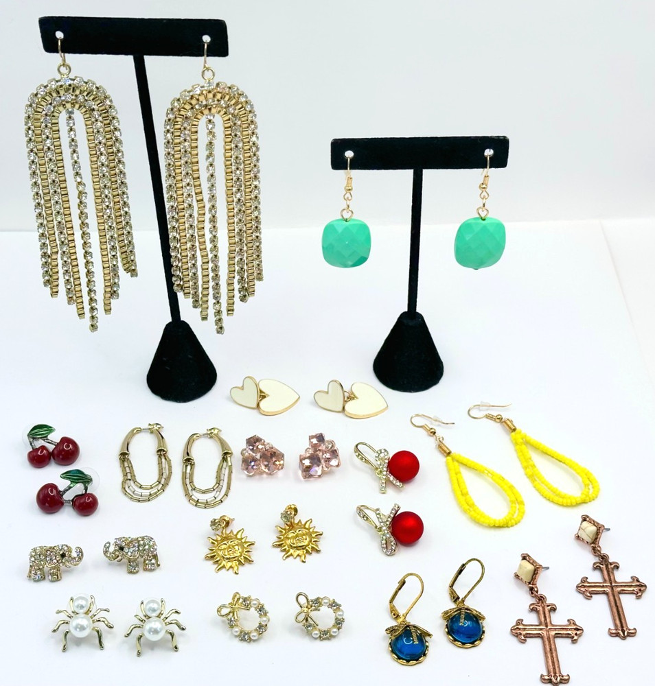 Lot of 14 Pairs of Pierced Earrings Mix Designs & Materials Vintage & New E-80