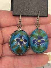 Old Rostov Finift (?) Silver & Hand Painted Domed Porcelain Dangle Earrings