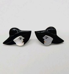 Lady in Hat Acrylic Pierced Earrings Art Deco Black and White Vintage 1 in