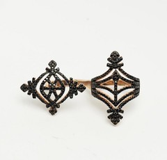 Unusual gilt sterling silver jet stones Deco style double ring sz 7