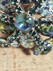 VTG Silvertone Blue & Green Split Color, Confetti Glass, Rhinestone Floral…