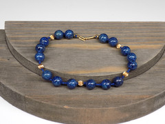 Vintage Lapis Lazuli Bracelet 14K Yellow Gold Clasp Etched Beads Hand Knotted 8″