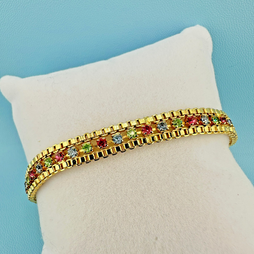 Vintage Rhinestone Bracelet Gold Tone Cup Chain Pastel Color Prong Set Stones 7″